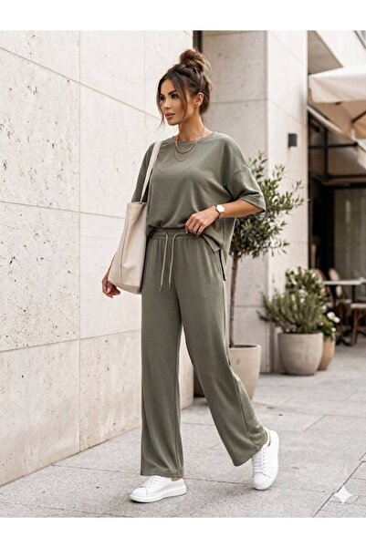 PAZEN MODA Khaki Color Two Yarn Oysho Modal Fabric Short Sleeve Bottom - Top ...
