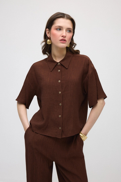 Gusto Short Sleeve Crinkle Blouse - Brown
