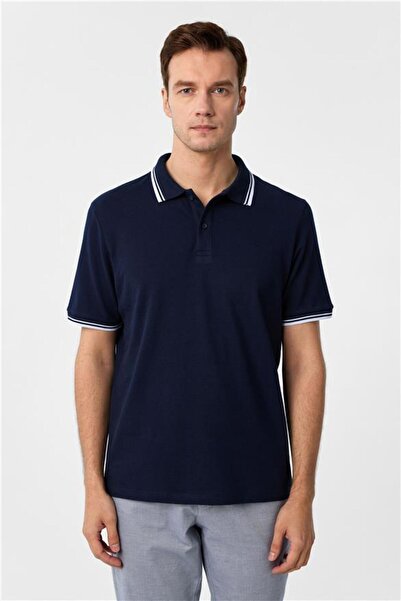 SÜVARİ Lacivert Regular Armürlü Polo Yaka Tişört