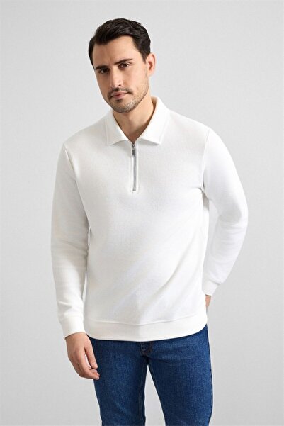 SÜVARİ Beyaz Regular Düz Yarım Balıkçı Yaka Sweatshirt