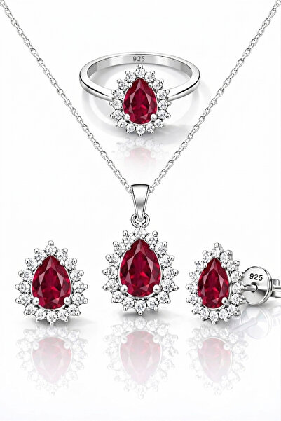 TASLİDUSLERJEWELRY 925 Ayar Gümüş Yakut Rengi Damla Taşlı Antika Model Set