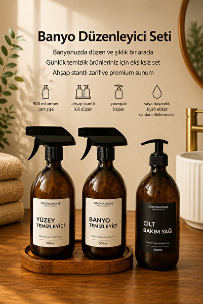 Simona Home Bathroom Organizer Set with Wooden Stand, Black Label Skin Care O...