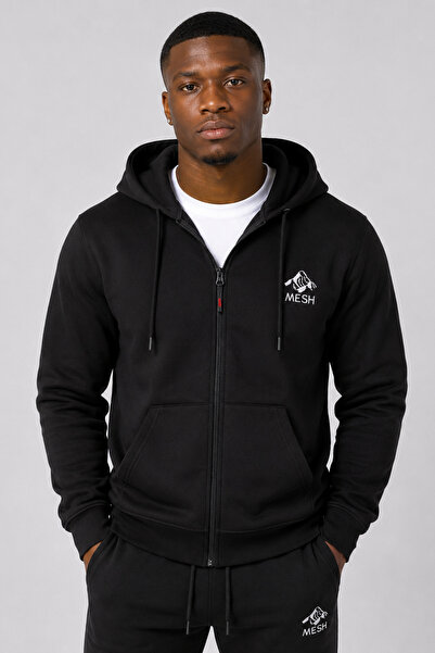 Mesh Men's Embroidered Zippered Black Tracksuit Set, Cotton Thick Fleece Wint...