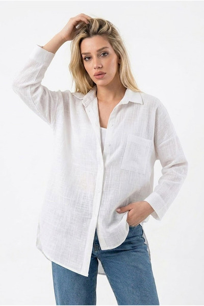 ECOTİQUE Women's White Linen Shirt Loose Oversized Summer Shirt with Pockets ...