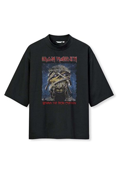 buzagi tasarım ürünleri Iron Maiden Digital Print Oversize Black Unisex T-Shirt