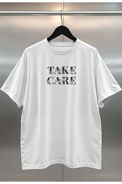 buzagi Take Care Digital Print Oversize Unisex White T-Shirt