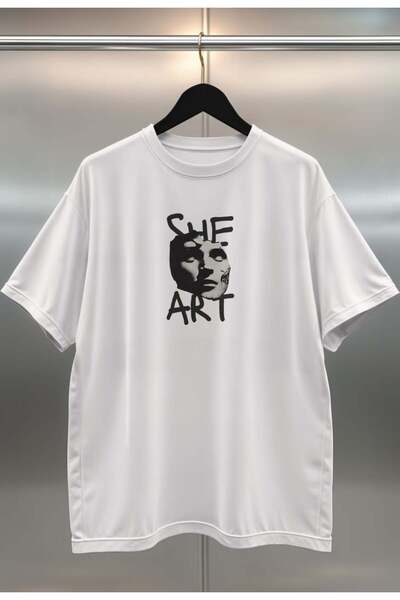 buzagi tasarım ürünleri She Art Digital Print Oversize White Unisex T-Shirt