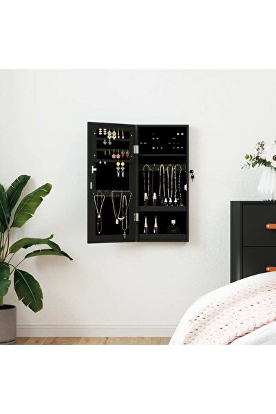 Concept Dulap de bijuterii cu oglindă de perete, negru, 30x8,5x67 cm