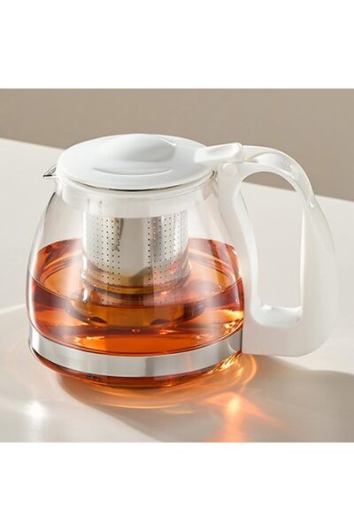 Genel Markalar Siyah / Krem Süzgeçli Cam Demlik 900 ml Çay Makinesi Demliği Bitki Çayı Demliği 900 ML