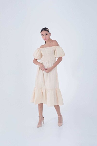 mica Off-Shoulder Midi Dress with Short Puff Sleeves