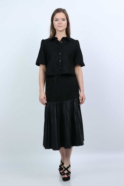 mica Women's Puff Sleeve Front Button Blouse with Collar