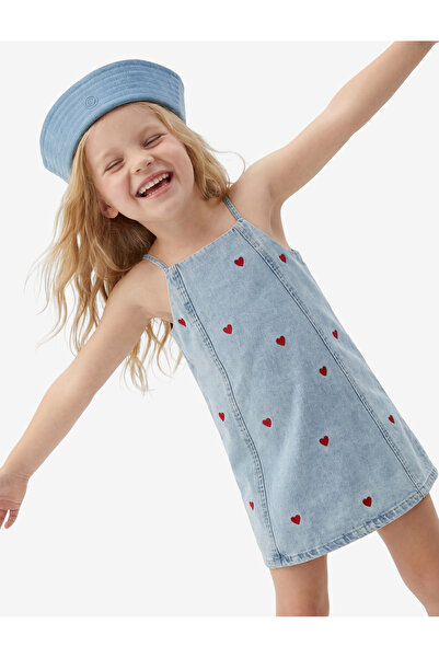Koton Kare Yaka Kalp Desenli Askılı Denim Jile Elbise