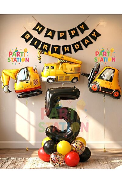 Parti Station İş Makinaları İnşaat Parti 5 Yaş Balon Set Kepçe Balon Vinç Bal...