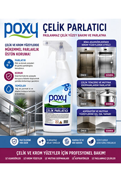 Poxy Çelik Parlatıcı 500 ml Asansör Parlatıcı Inox Krom Metal Çelik Parlatıcı...