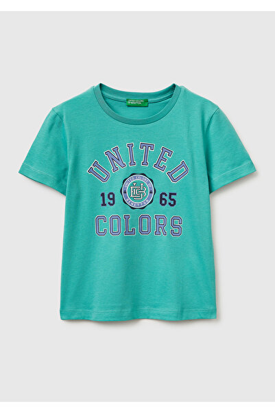 United Colors of Benetton Boy's Blue-Green Round Neck T-Shirt with Logo Print...