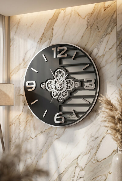 aSSe Tasarım Premium Rotating Gears Mirror Wall Clock Hareketli Döner Çark 50...
