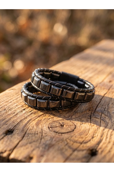 Parmas Design Square Hematite Braided Leather Men's Masculine Gift Bracelet 01858