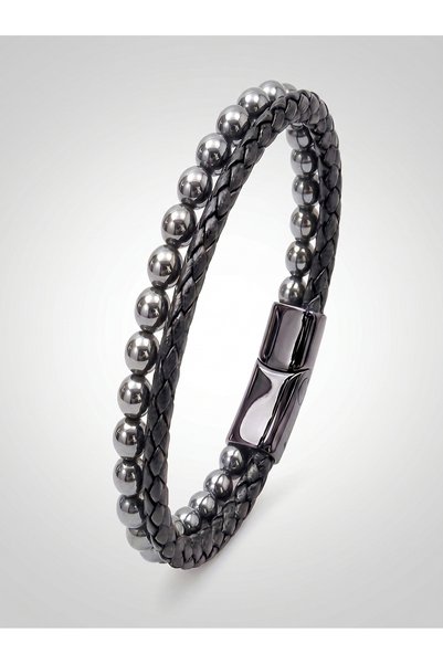 Parmas Design Hematite Natural Stone Leather Men's Premium Gift Bracelet 01855