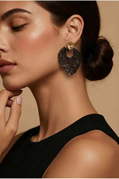 Rumeos Jewelry Taşlı Tasarım Küpe, siyah Gold küpe