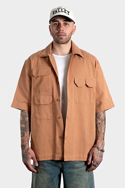 black sample Cămașă maro oversize pentru bărbați, 100% bumbac, cu buzunare mu...