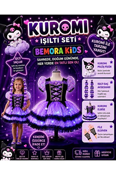 3b kids kuromi ışıklı elbise kuromi saçlı kostüm çocuk balo mezuniyet