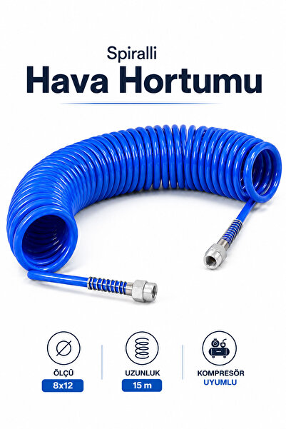 Badem10 Spiralli Hava Hortumu 8x12 mm 15 Metre Uzunluk Kompresör Hava Tabanca...