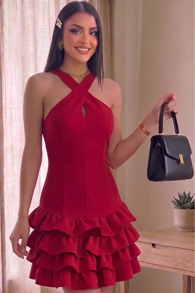 ALFUDO Moda Collection Burgundy Criss-Cross Halter Neck Layered Ruffle Detail...