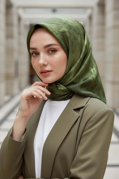 Vissona %100 Twill İpek Doku Desenli Haki Renkli 90x90 Eşarp Dikim Şekli : El...