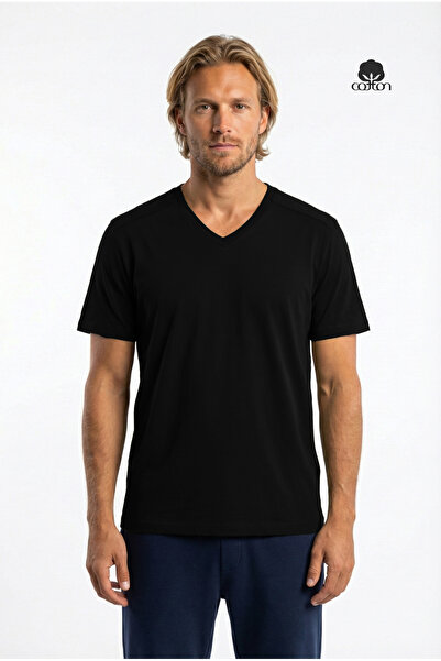 Cottonland Erkek Amadeus Rahat Kesim V Yaka Penye Pamuk T-shirt Siyah