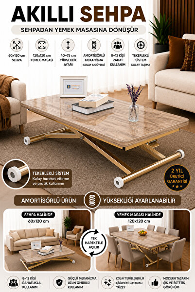 SEHPAM AKILLI Akıllı Sehpa Home Üst Tabla Mdf Alt Mekanizma Gold Kaplama