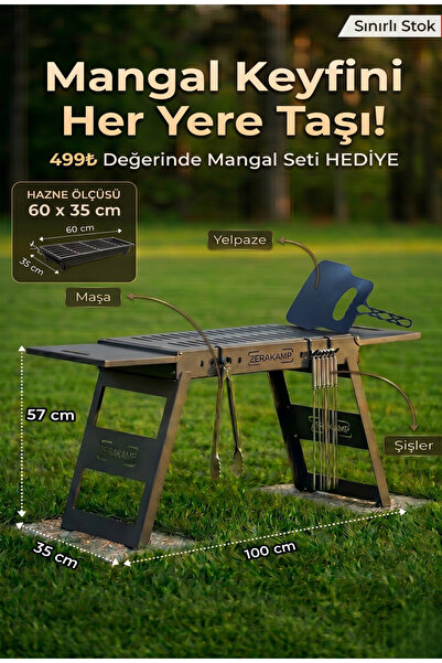zerakamp Sehpalı Mangal Katlanır Taşınabilir 2 Tarafı Raflı Barbekü