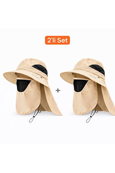 Mustran 2'li Set Güneş Korumalı Sök Tak Maskeli Unisex Enseli Güneş Şapkası O...