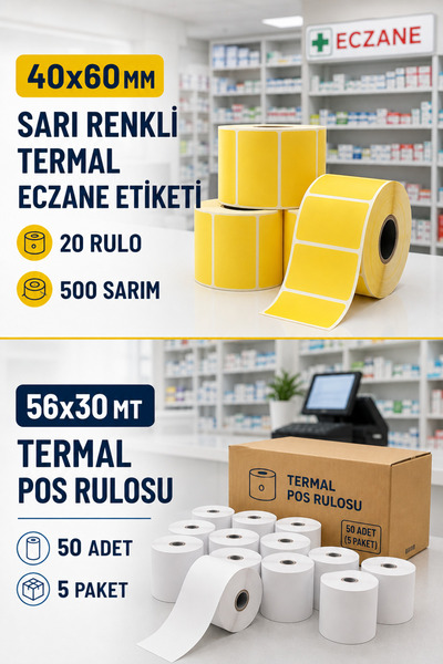 KHR *Mega Paket*-Eczane Etiket Sarı 40x60 MM 500 Sarım 20 Rulo + 56*30 MT (50...