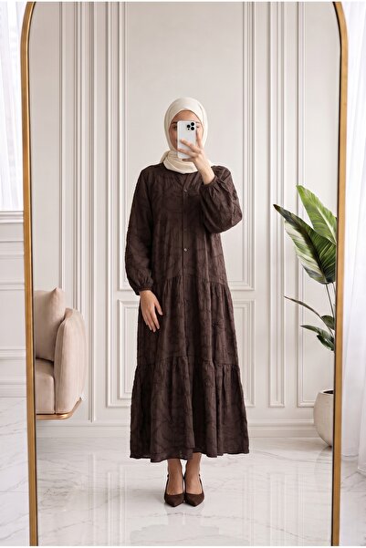 MİHRA STORE Asude Brode Desen Yarım Patlı Elbise-PE600 Kahve