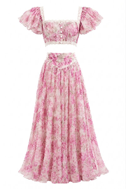 Julidress Premium Design Chiffon Set with Pink Lace Detail, Flounce Sleeves, ...