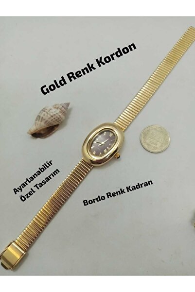 Brality BORDO RENK KADRAN - Minimal Vintage Tasarım , Yuvarlak Model Gold Ren...