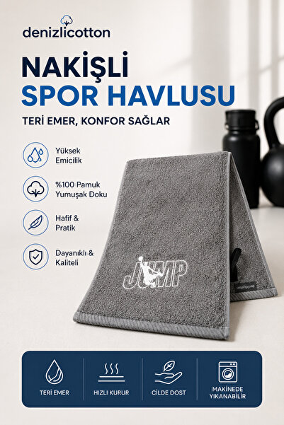 denizlicotton Сива бродирана спортна кърпа 30x90 см, памучна, попиваща потта,...