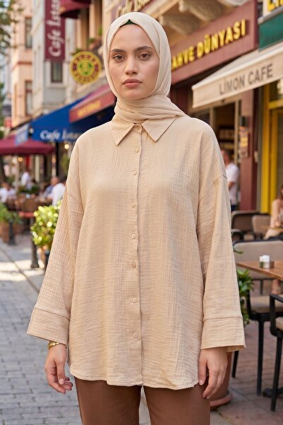 Generic Brand Women's Beige Double Wide Sleeve Muslin Fabric Summer Trend Hij...