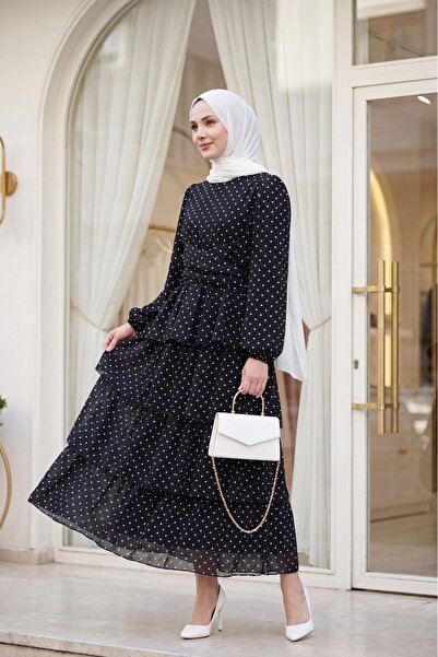 Modamorfo Crossed Tie-Detail Layers of Skirt Polka Dot Layered Chiffon Dress ...