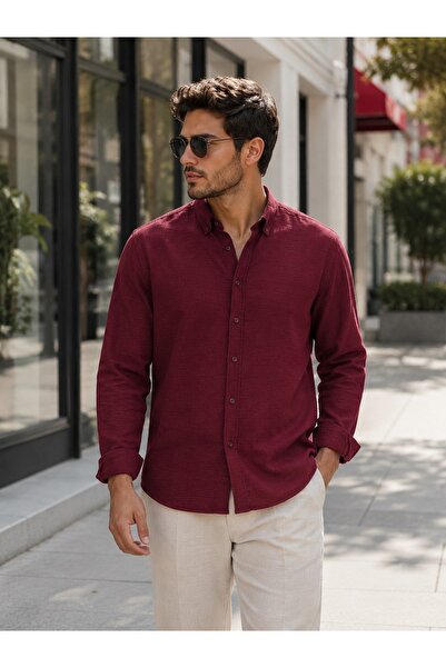 EMPEROR APPAREL Erkek Bordo Uzun Kollu Pera Keten Gömlek