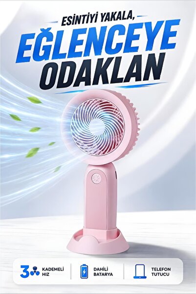 Kensa Şarjlı Taşınabilir Mini El Fanı 3 Kademeli Hız Ayarlı Telefon Standlı V...
