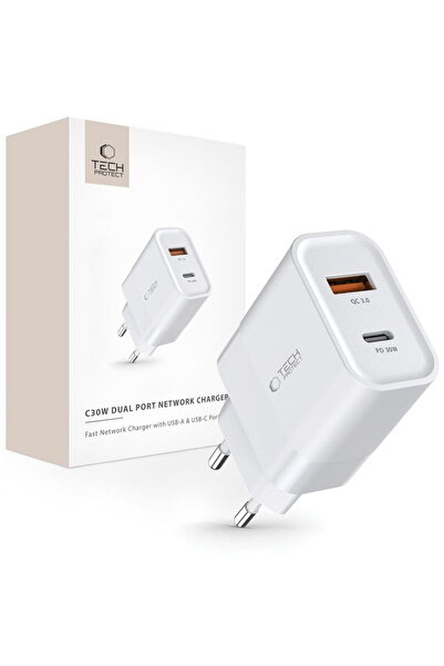 Tech-Protect 1x USB-A + 1x USB-C QC3.0 PD 30W Alb