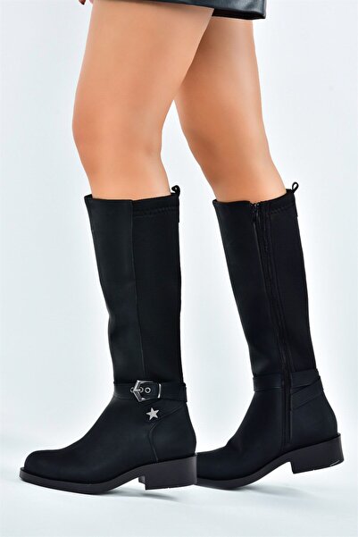 Fox Shoes Cizme scurtă cu toc mic, din material elastic, neagră, pentru femei...
