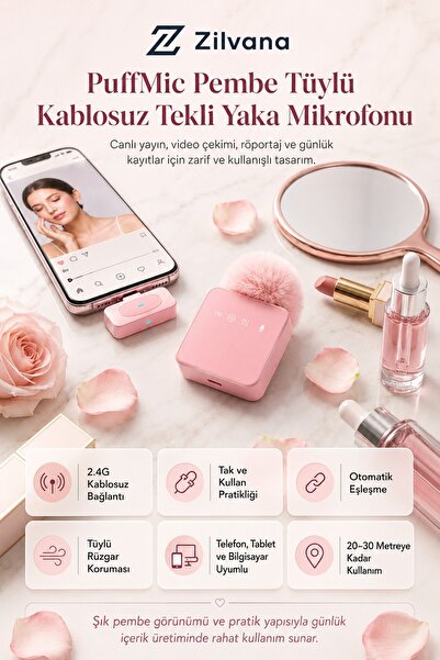 Zilvana PuffMic Pembe Tüylü Kablosuz Tekli Yaka Mikrofonu Type-C& Lighting Uy...