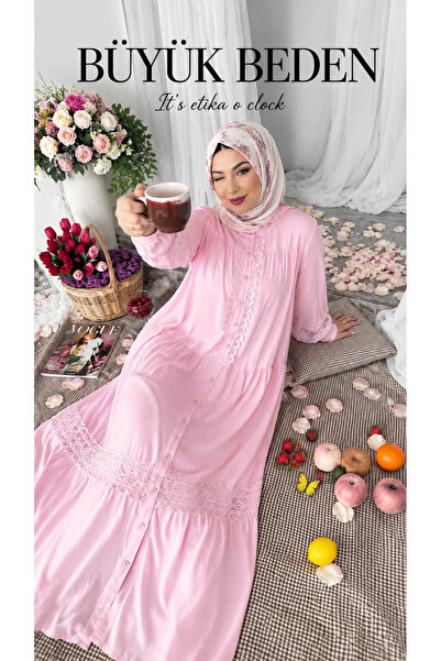 AZRA BUTİK Lavinya Patterned Guipure Dress Pink