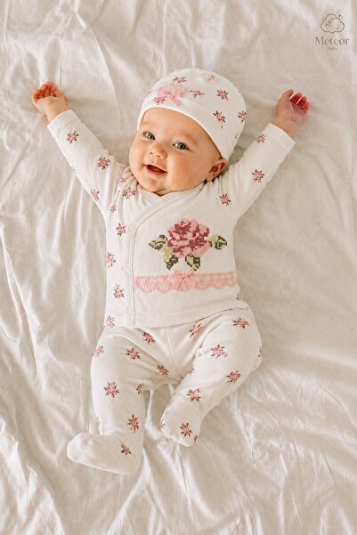 METEOR BABY Baby Girl Cross-Stitch Embroidered 3-Piece Bodysuit Set with Hat ...