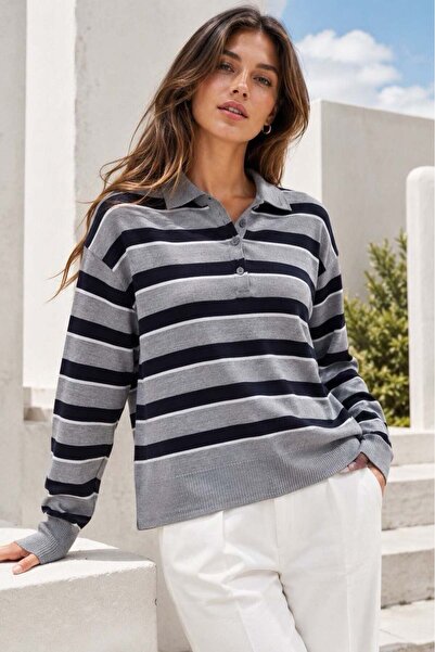 Madmext Gray Striped Polo Neck Buttoned Women's Sweater Mg2561