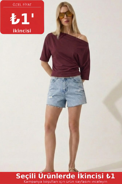COMBİNE MİCHAİL Women's Off-The-Shoulder Short Sleeve Burgundy Tight T-Shirt