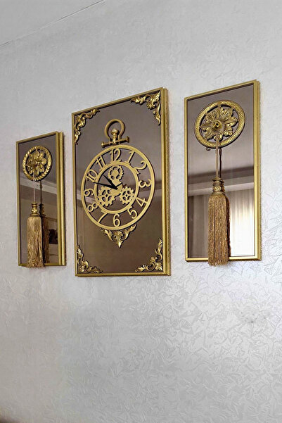 Arkenta 3Lü Gold Duvar Saati Takımı Dikdörgen Aynalı Çerçeveli Püsküllü , Wal...
