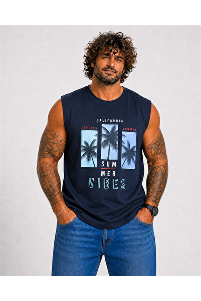 Starbattal Large Size Printed Sleeveless T-Shirt Summer Vibes 26125 Navy Blue